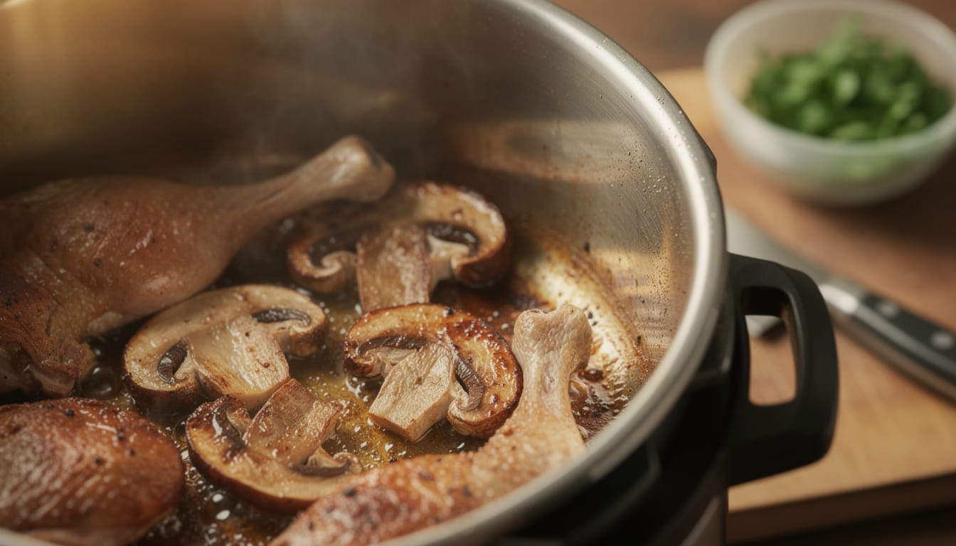 découvrez notre recette rapide et savoureuse de pintade cocotte-minute aux champignons, prête en seulement 35 minutes pour un repas délicieux et facile à préparer.