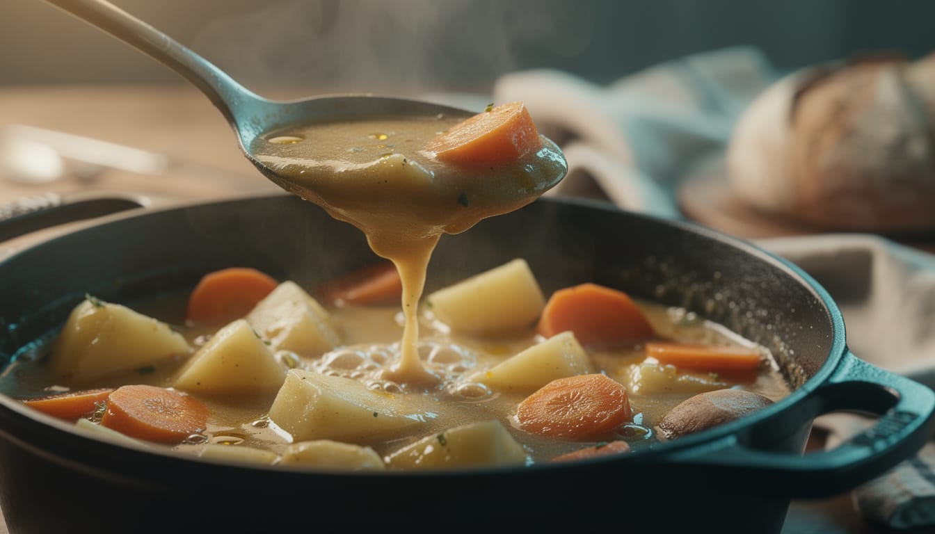 découvrez une recette mijotée réconfortante à base de pomme de terre, carotte et oignon, parfaite pour un repas chaleureux et savoureux en cocotte.