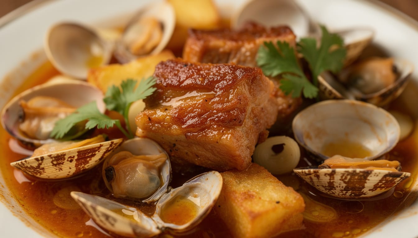 découvrez la recette authentique du porc aux palourdes à la portugaise, le porco à alentejana, un plat savoureux mêlant viande tendre et fruits de mer frais, typique de la région de l'alentejo.