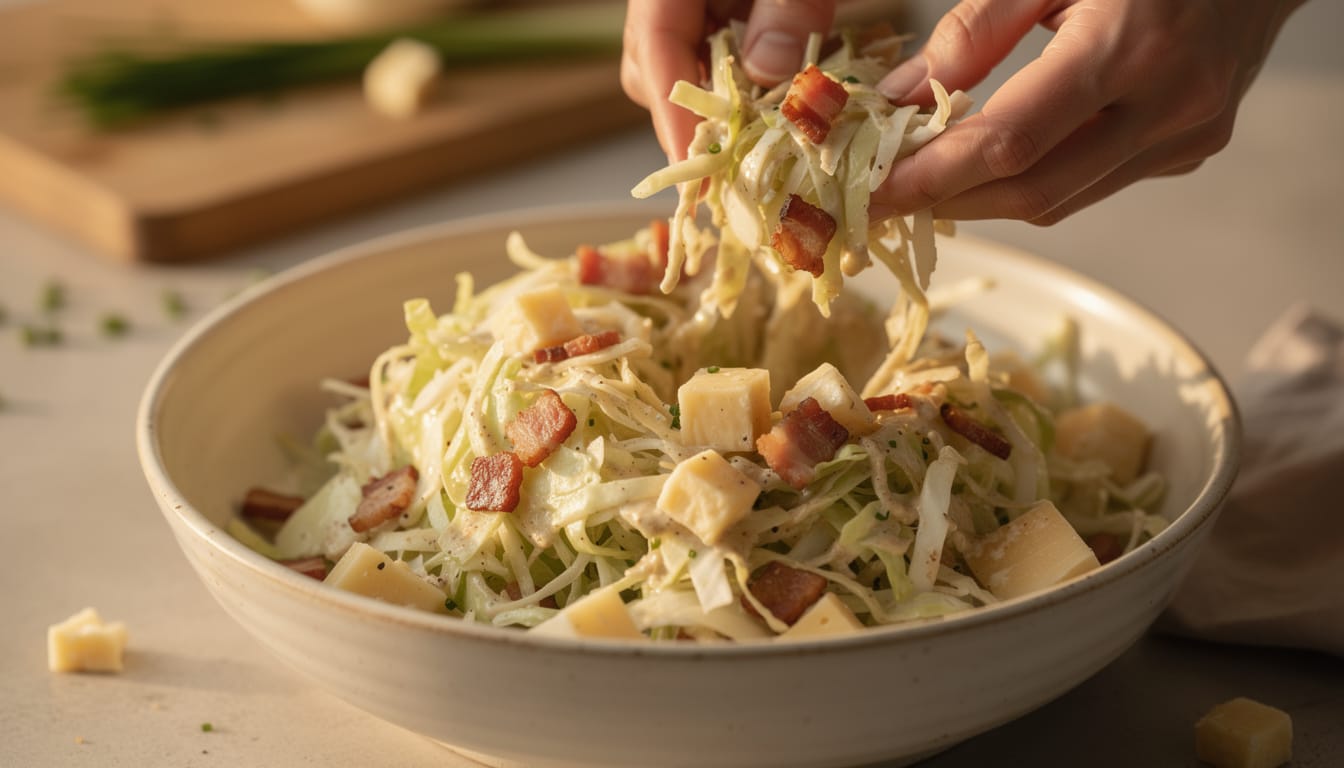 découvrez la recette franc-comtoise gourmande de la salade chou blanc lardons comté, une délicieuse combinaison de saveurs authentiques et généreuses, parfaite pour un repas convivial.