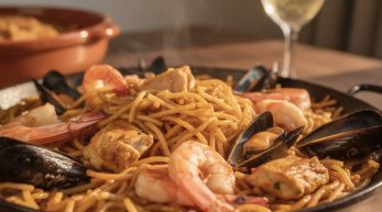 découvrez la recette authentique catalane de la fideuà au poulet et fruits de mer, un plat savoureux et traditionnel à savourer en famille.