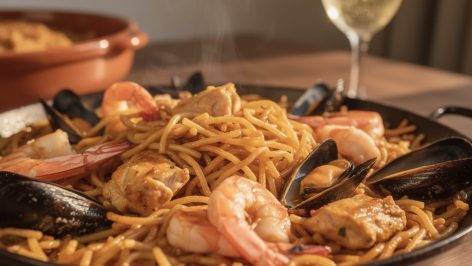 découvrez la recette authentique catalane de la fideuà au poulet et fruits de mer, un plat savoureux et traditionnel à savourer en famille.