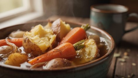 découvrez une recette mijotée réconfortante à base de pomme de terre, carotte et oignon, parfaite pour un repas chaleureux et savoureux en cocotte.