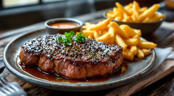 découvrez comment préparer un steak au poivre savoureux accompagné de frites au four croustillantes pour un repas de bistro maison facile à réaliser et garanti effet wahou auprès de vos invités.