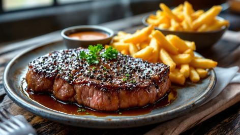 découvrez comment préparer un steak au poivre savoureux accompagné de frites au four croustillantes pour un repas de bistro maison facile à réaliser et garanti effet wahou auprès de vos invités.
