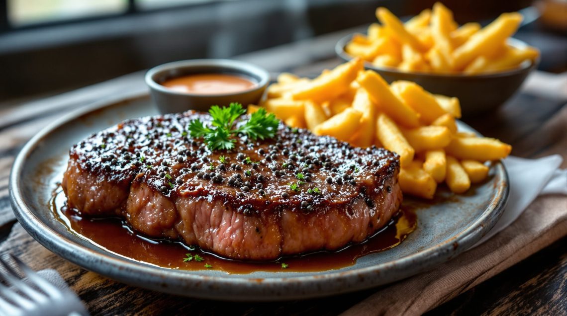 découvrez comment préparer un steak au poivre savoureux accompagné de frites au four croustillantes pour un repas de bistro maison facile à réaliser et garanti effet wahou auprès de vos invités.